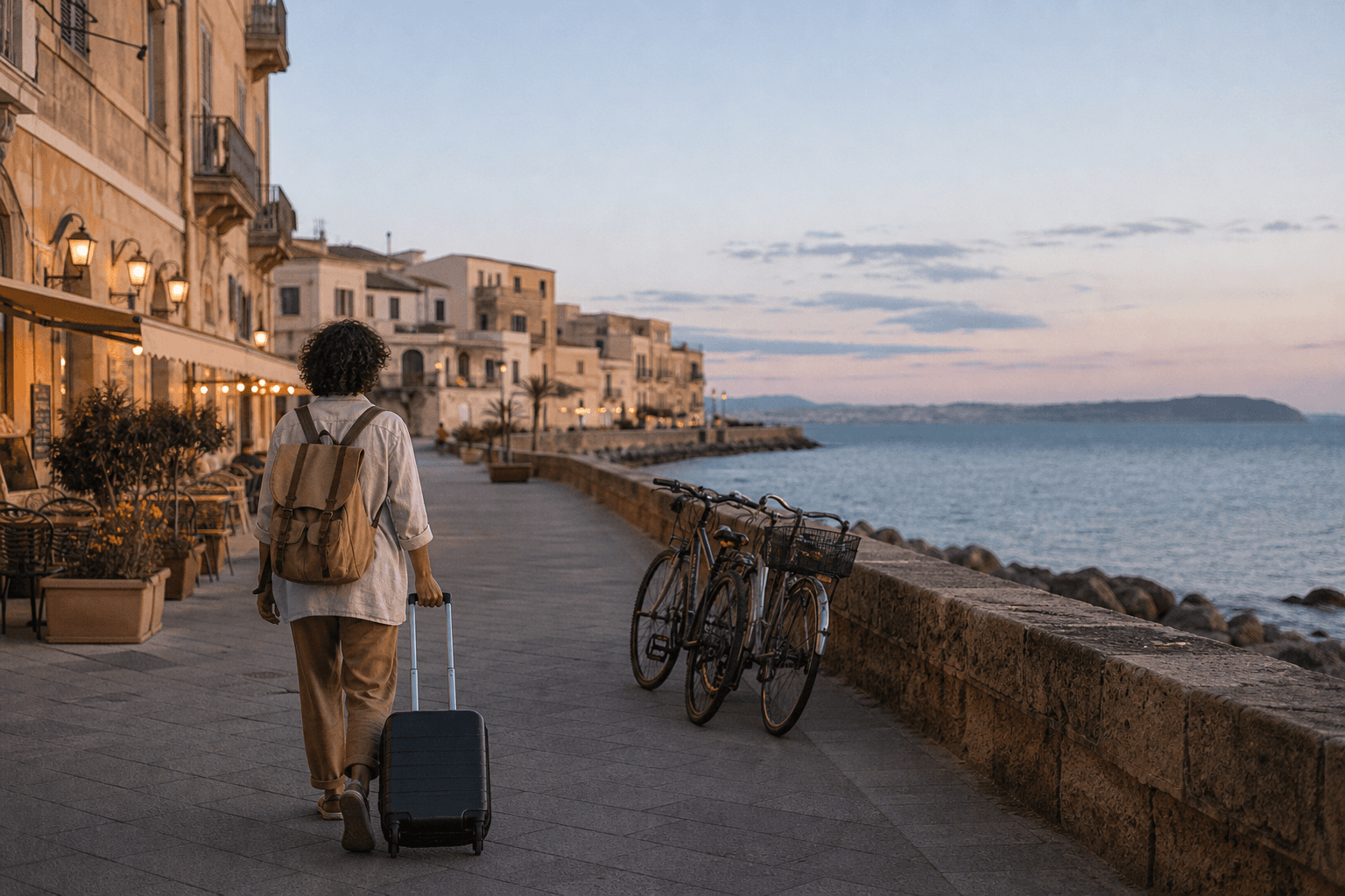 Viaggiatrice a piedi su un lungomare mediterraneo, immagine editoriale generata con AI