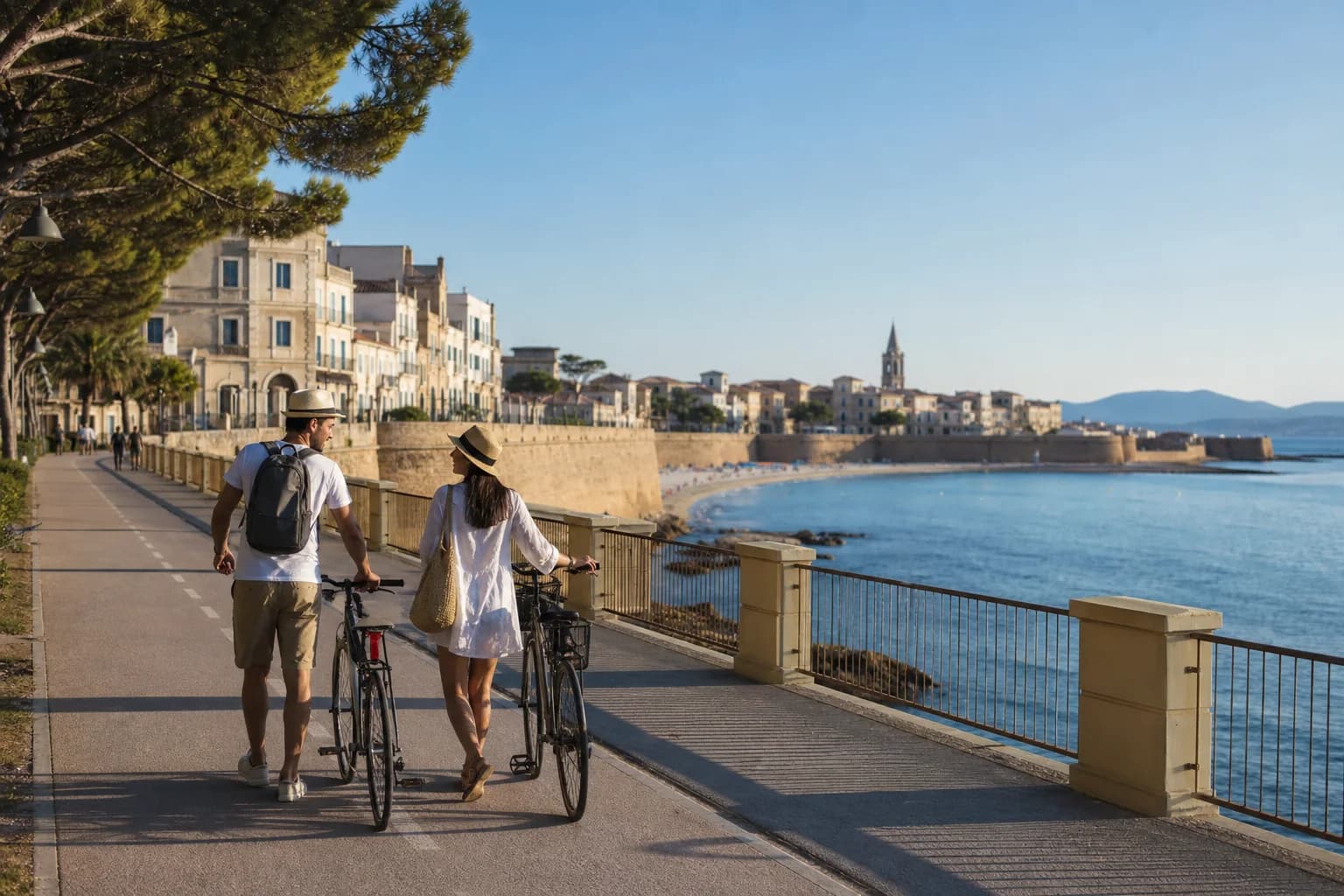 Travellers cycling along Alghero seafront