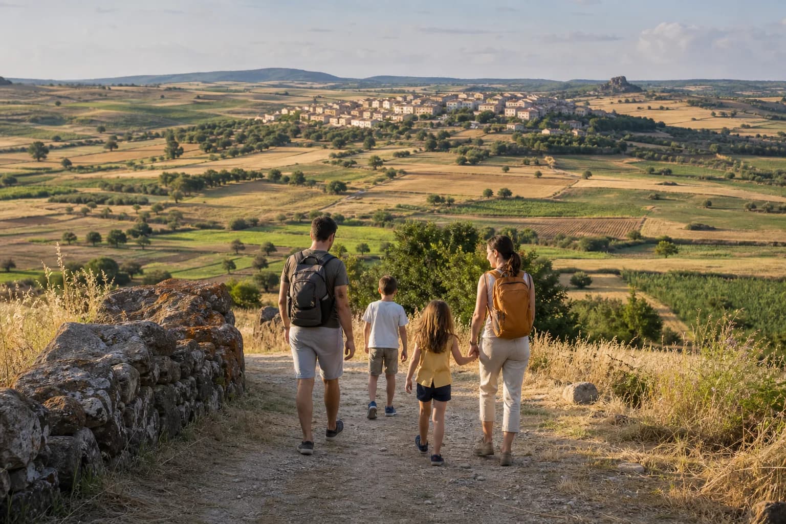 Family walking through the rural Marmilla landscape