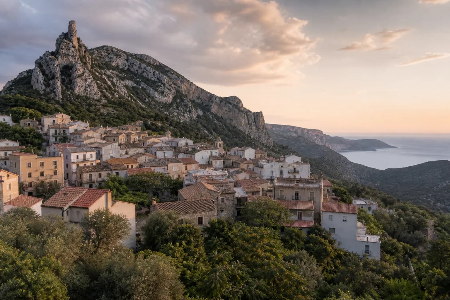 Stone houses and mountains in the village of Baunei