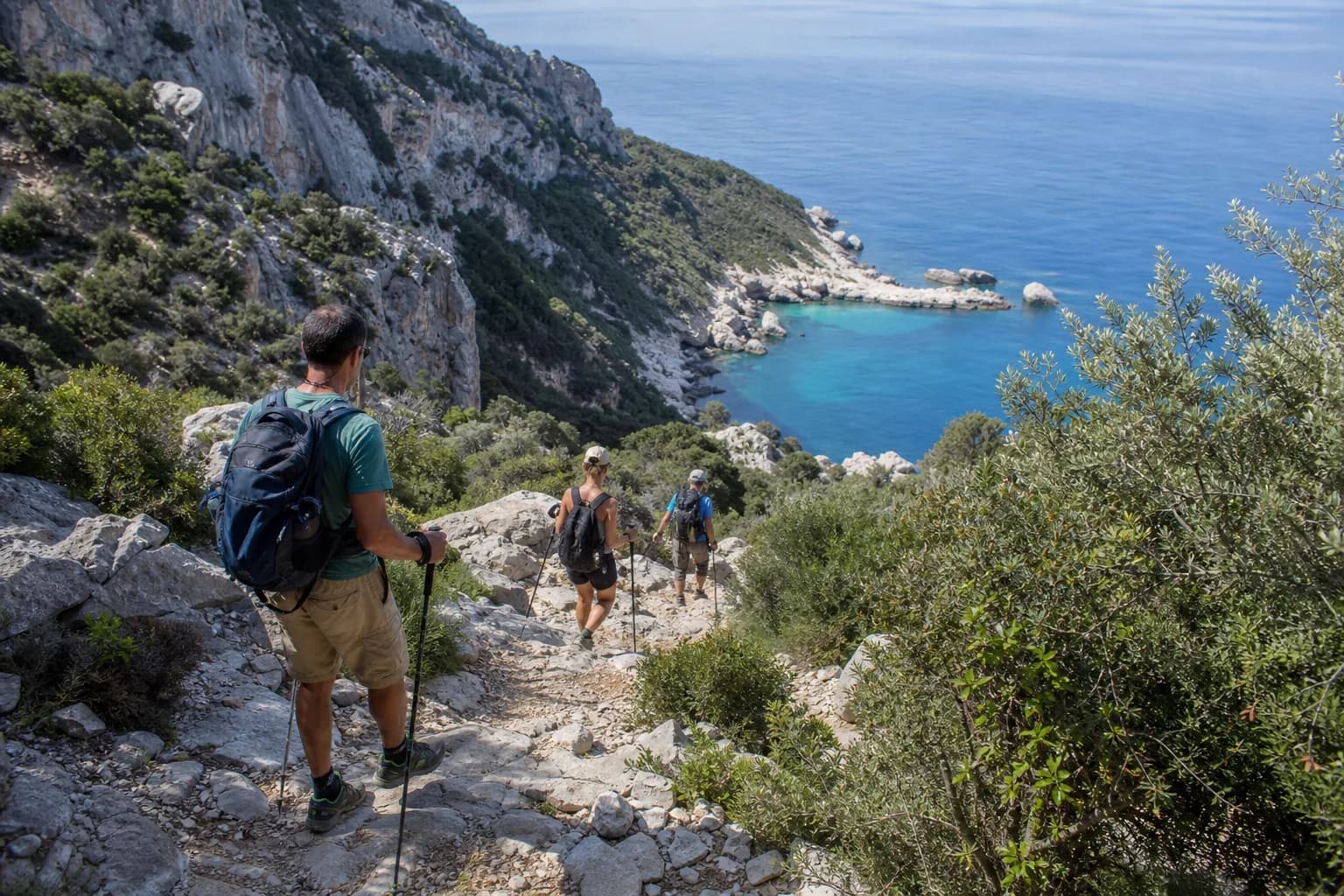 Hikers on a panoramic trail above the Baunei coast
