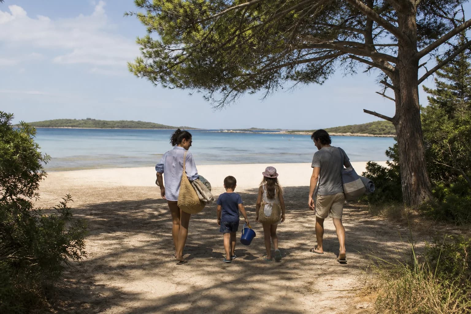 Familia con perro en una playa espaciosa cerca de Budoni