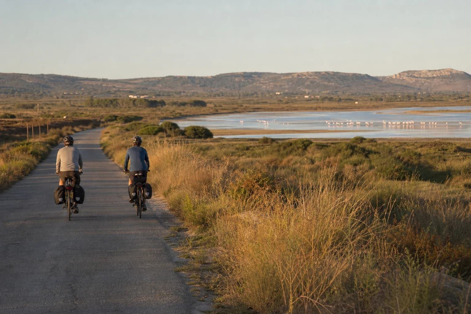 Cycle tourists among wetlands and countryside near Cabras