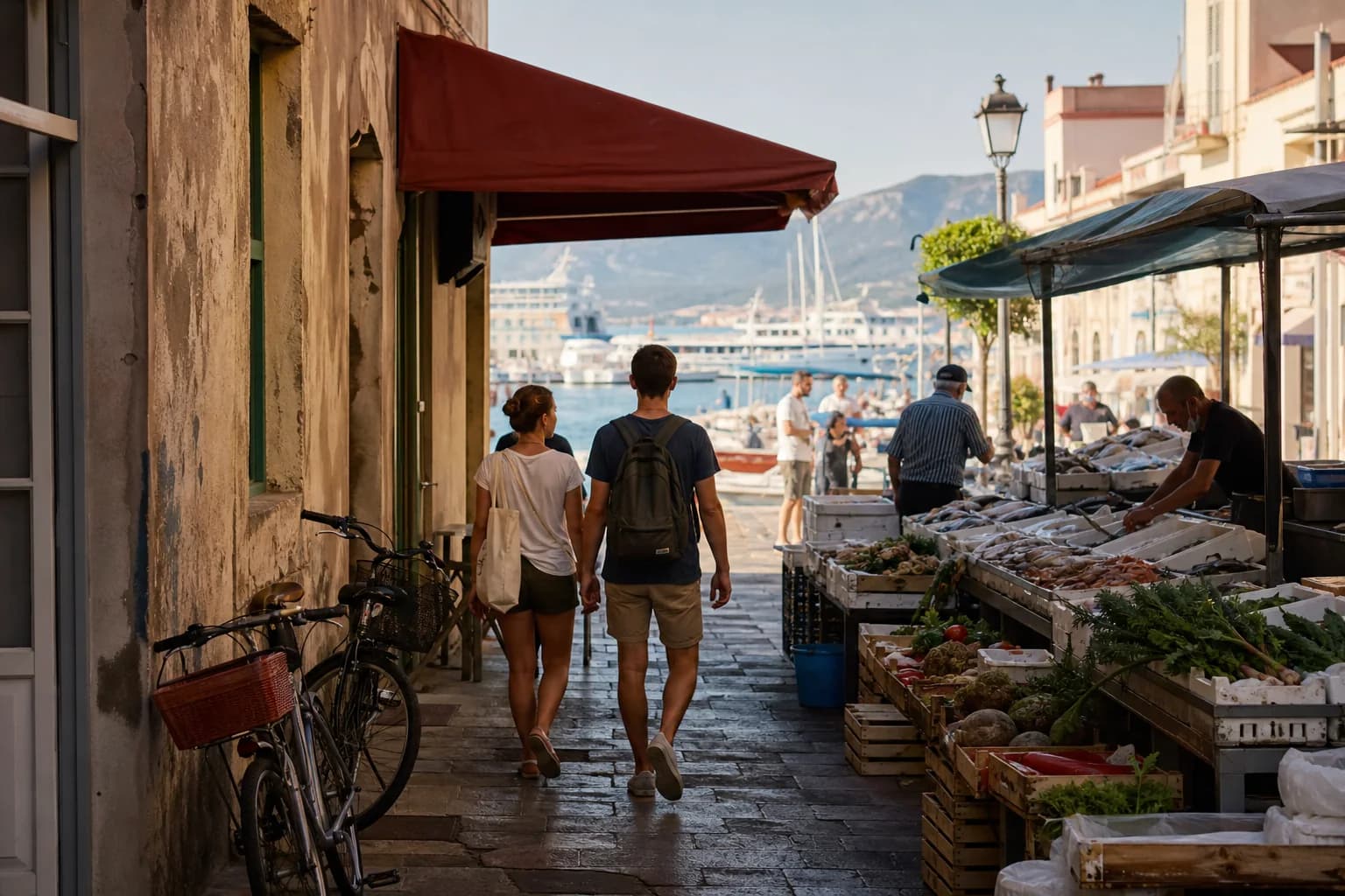 Outdoor tables and local food in Carloforte centre