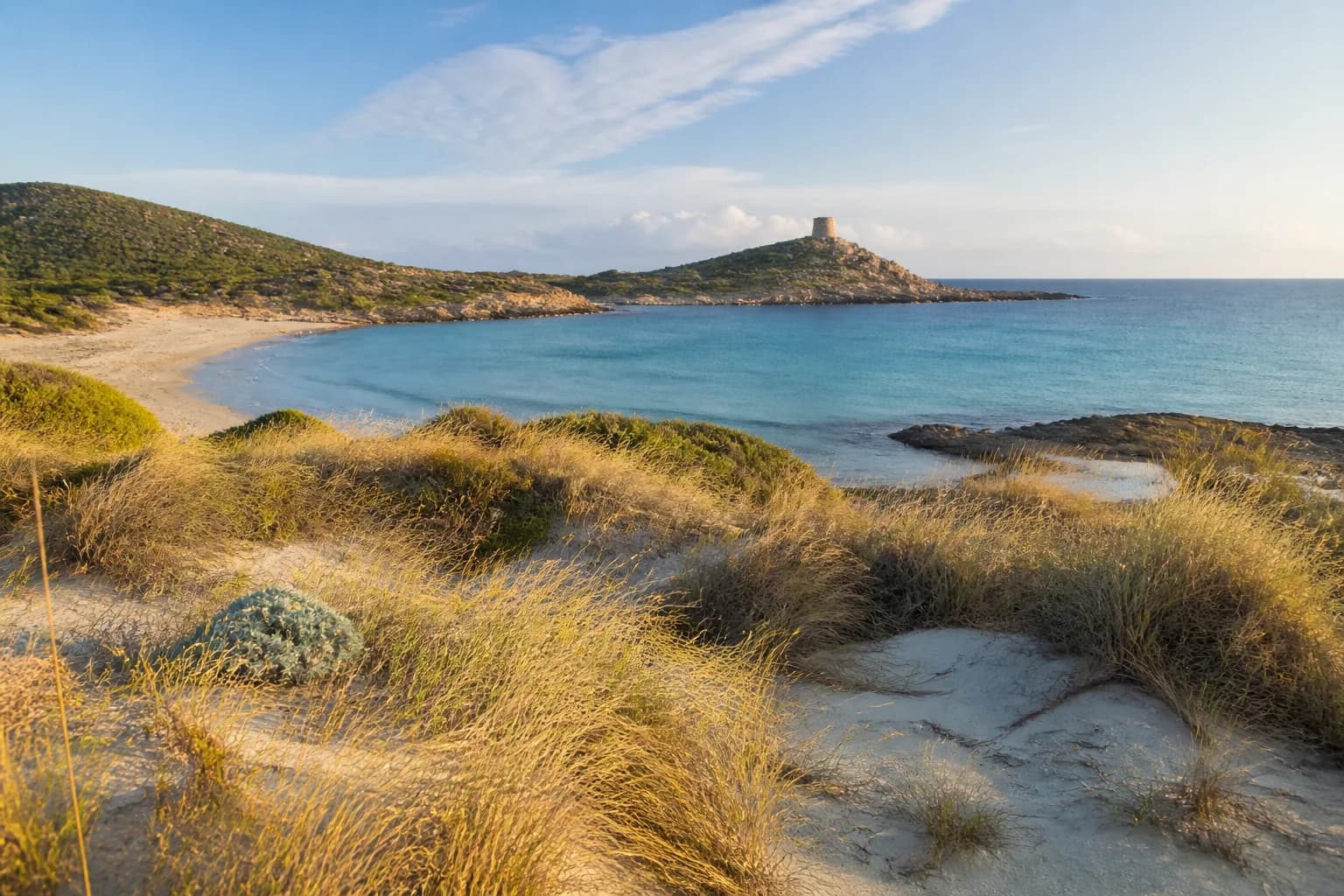 Chia bay among dunes, Mediterranean scrub and its coastal tower in the morning
