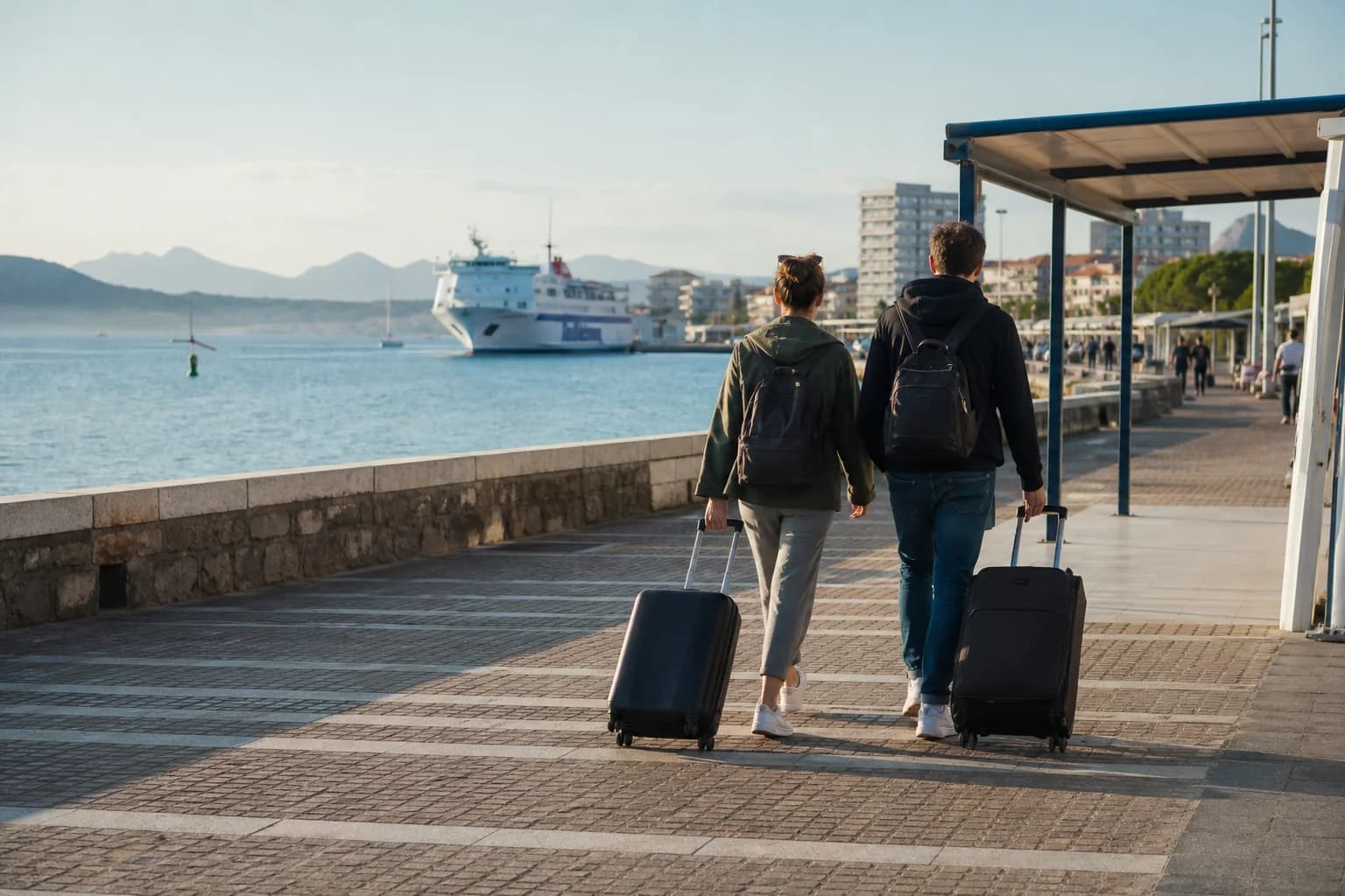 Travellers arriving at Olbia port with their luggage