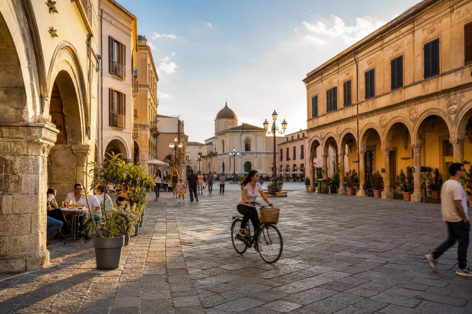 Central Oristano square with cafes and city life