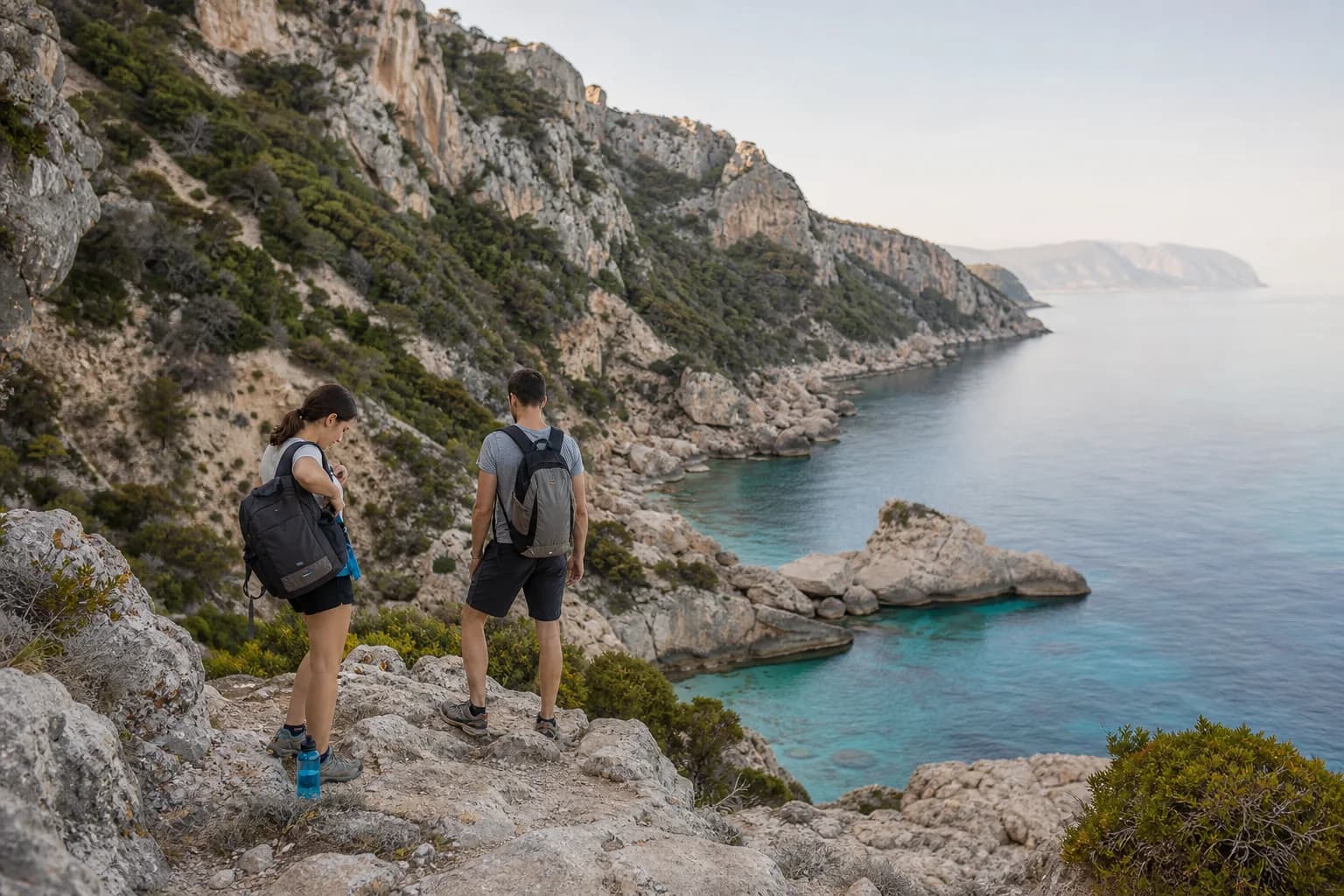 Hikers facing the cliffs and sea of the Gulf of Orosei