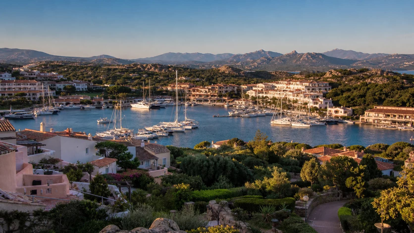 Porto Cervo marina and Mediterranean architecture in the evening light