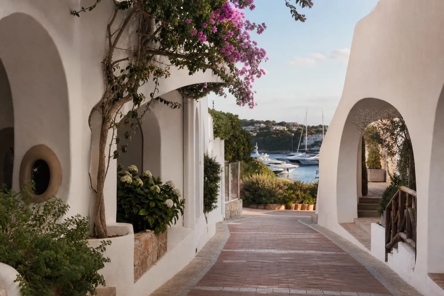 Pedestrian passage with arches, bougainvillea and a glimpse of Porto Cervo marina