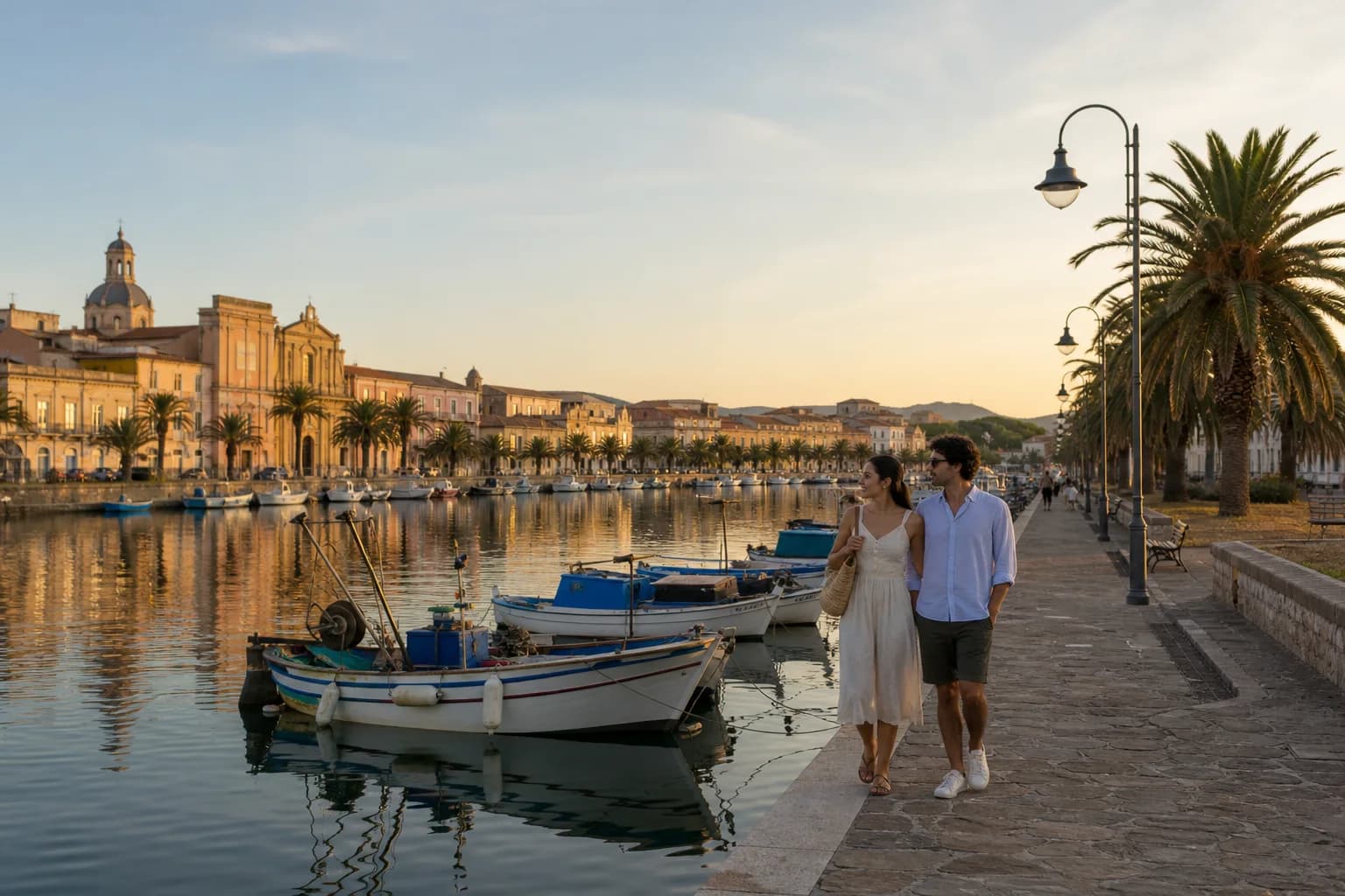 Sant’Antioco waterfront with fishing boats at sunset