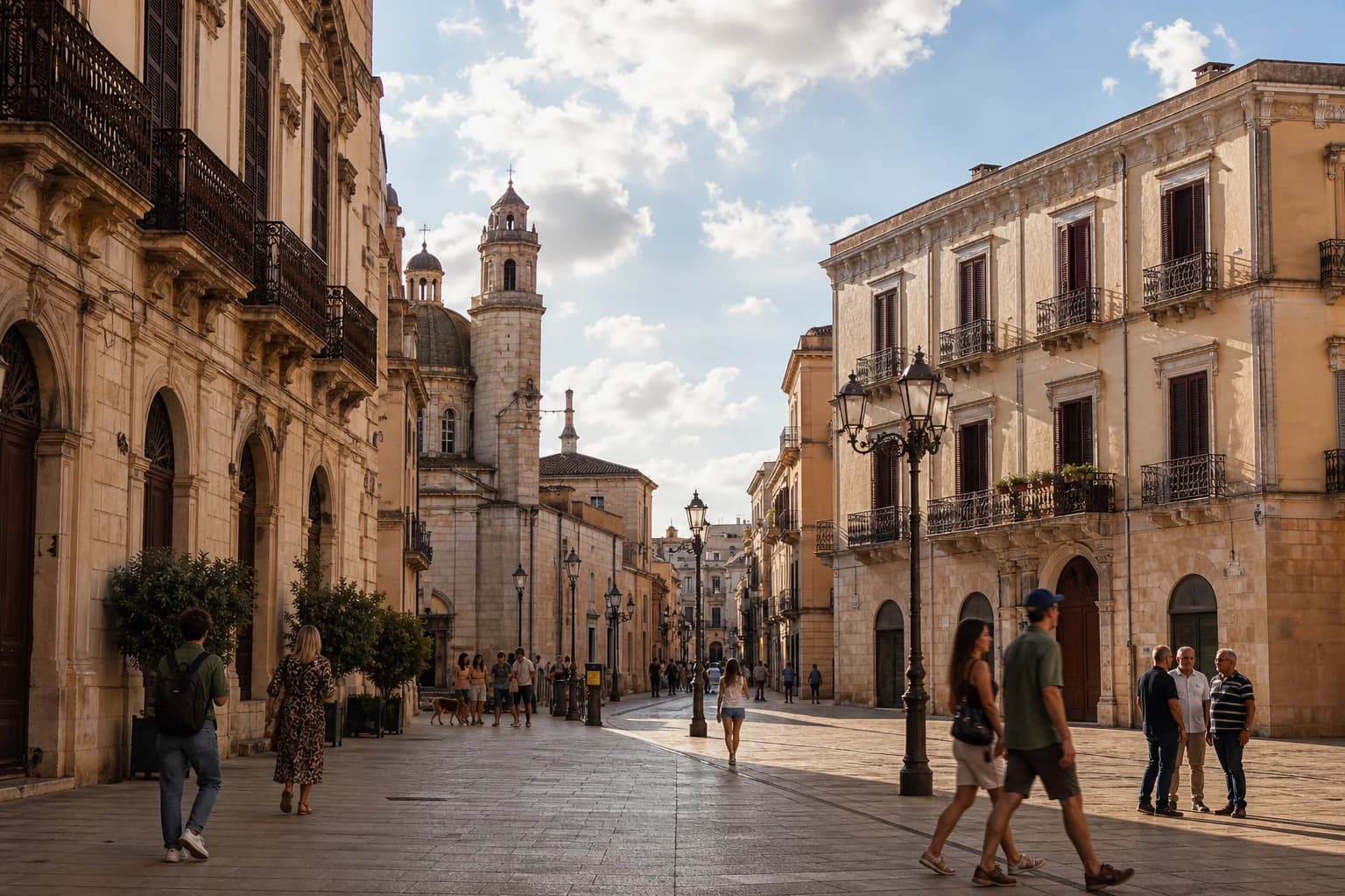 Sassari old town with pale stone facades and travellers walking
