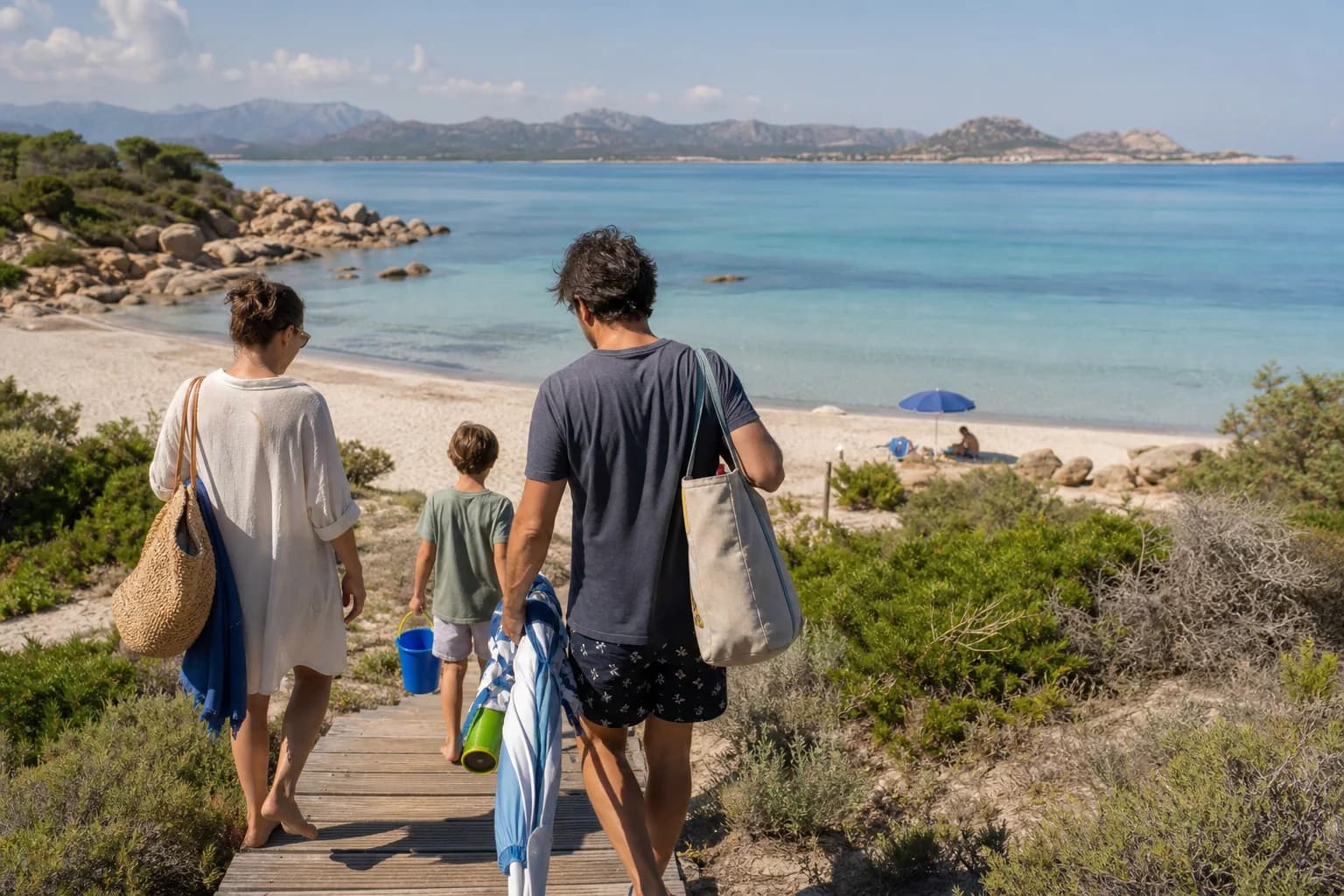 Family on a sheltered beach near Villasimius