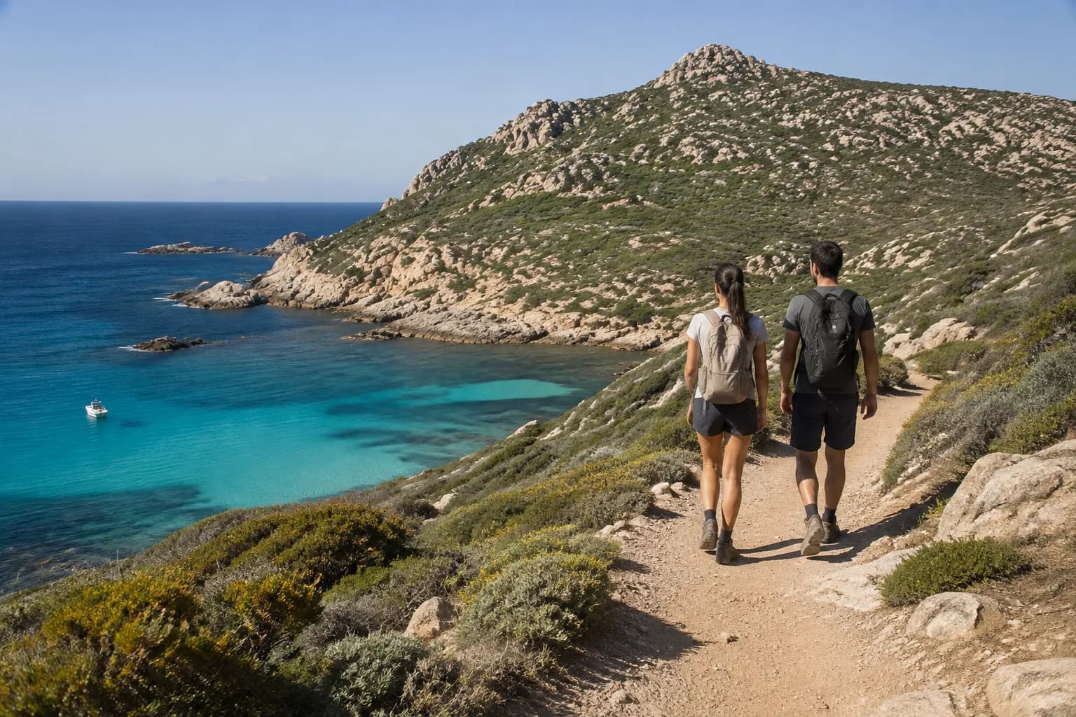 Two travellers on a path above a cove