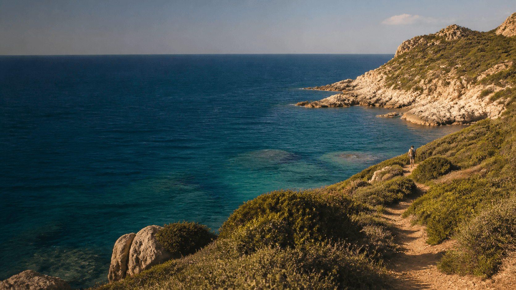 Sentiero costiero tra la macchia mediterranea e il mare della Sardegna nord-occidentale, immagine editoriale generata con AI