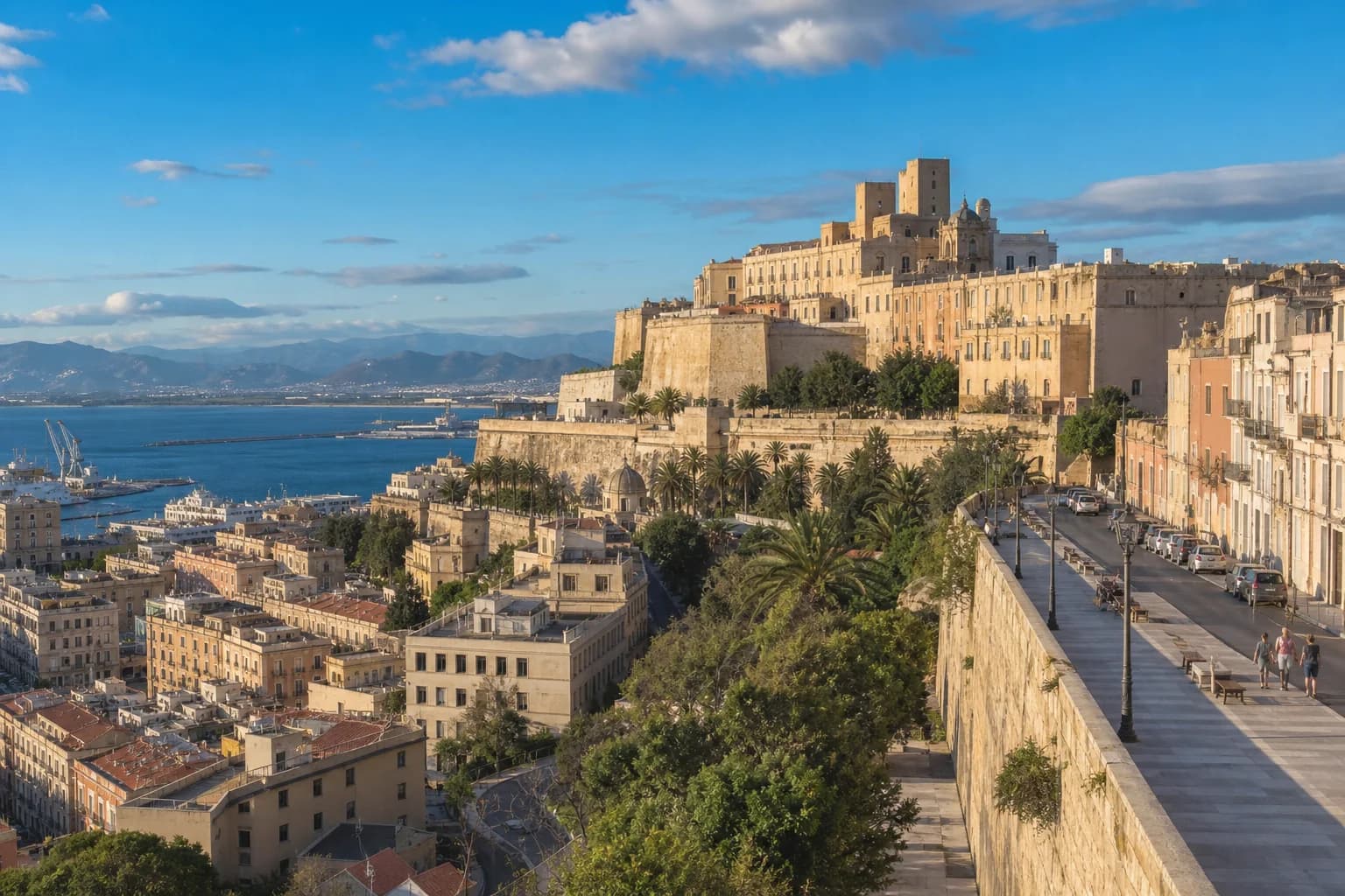 Cagliari Castello district seen from the city at sunset