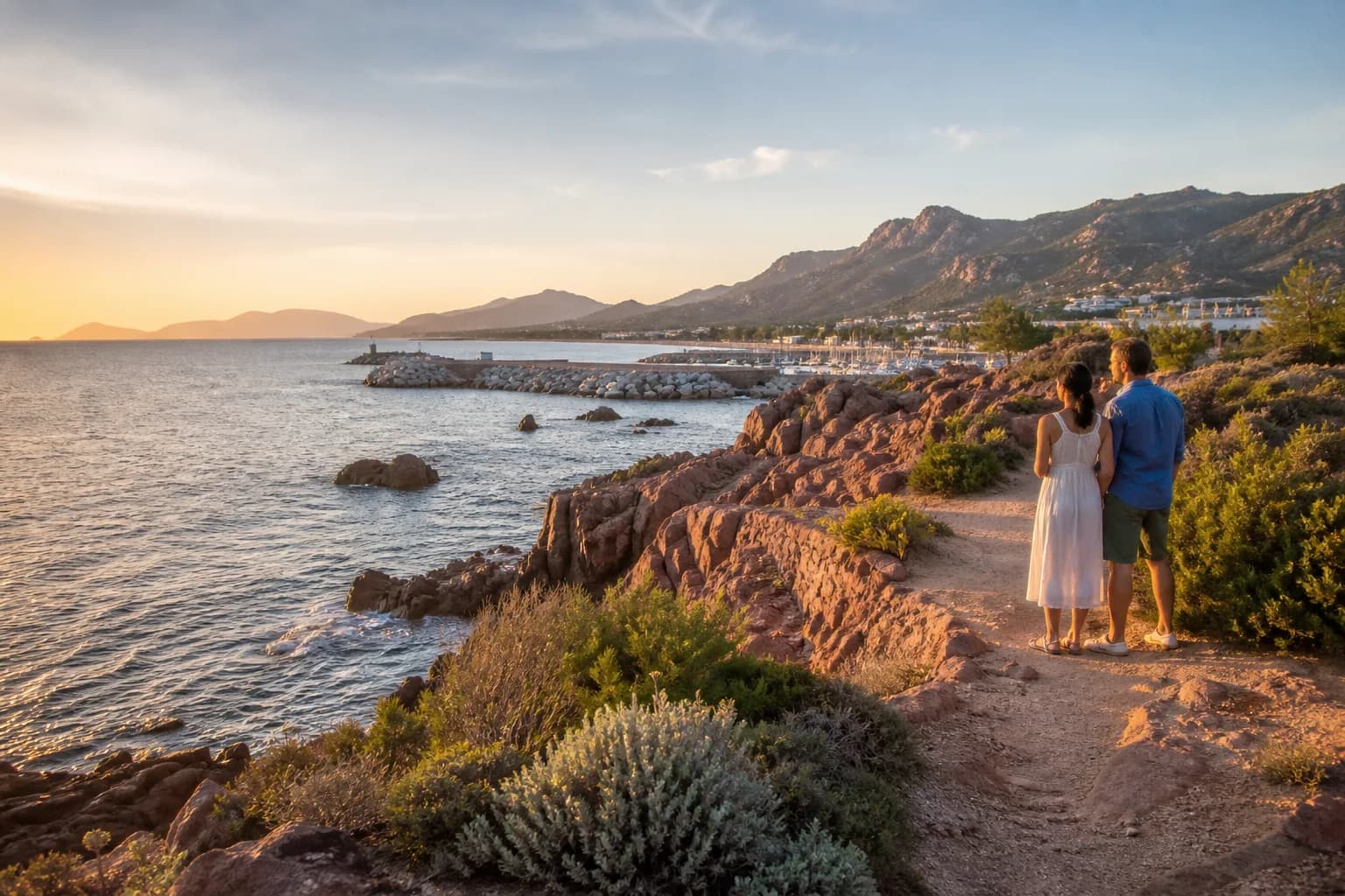 Tortolì coast with red rocks and harbour at sunset