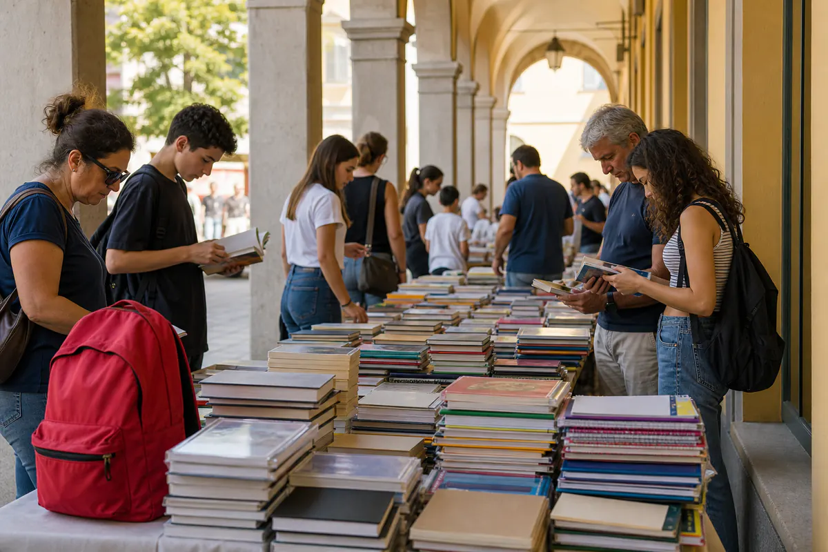 Editorial image inspired by Used schoolbook market in Oristano, August 21, 2024, set in Oristano.