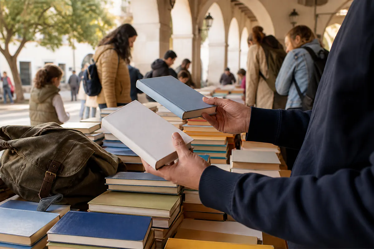 Editorial image inspired by Used schoolbook market in Oristano, August 22, 2024, set in Oristano.