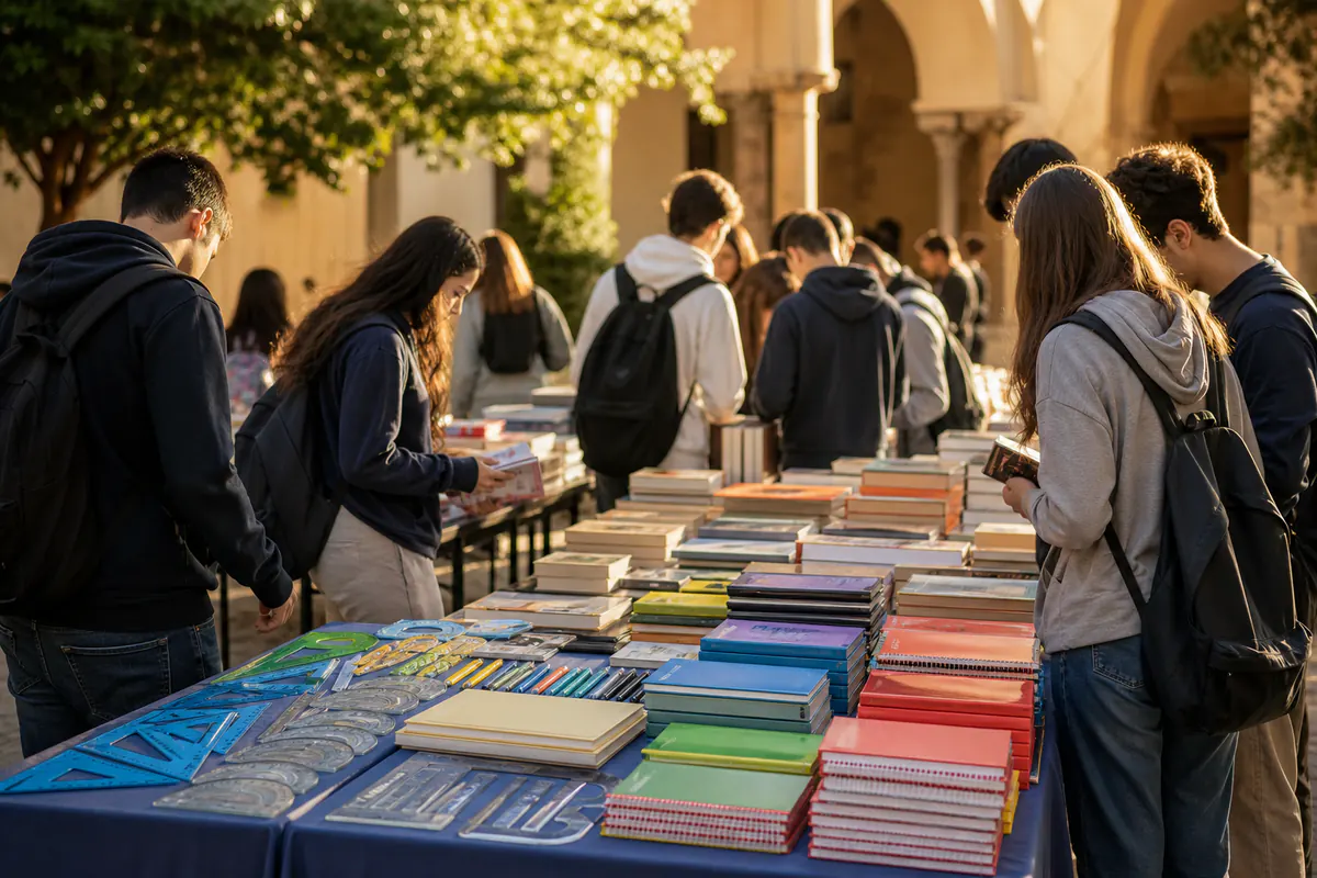 Editorial image inspired by Used schoolbook market in Oristano, August 23, 2024, set in Oristano.