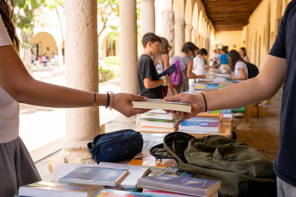 Editorial image inspired by Used schoolbook market in Oristano, August 28, 2024, set in Oristano.