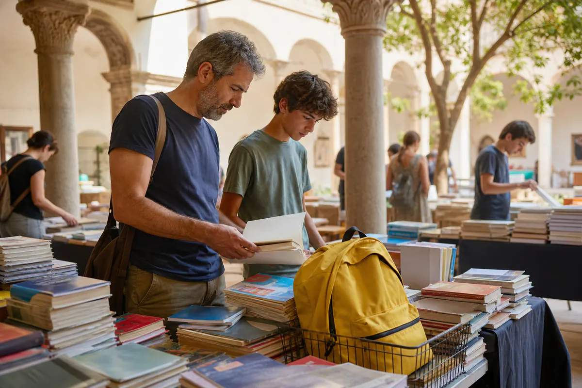 Editorial image inspired by Used schoolbook market in Oristano, August 29, 2024, set in Oristano.